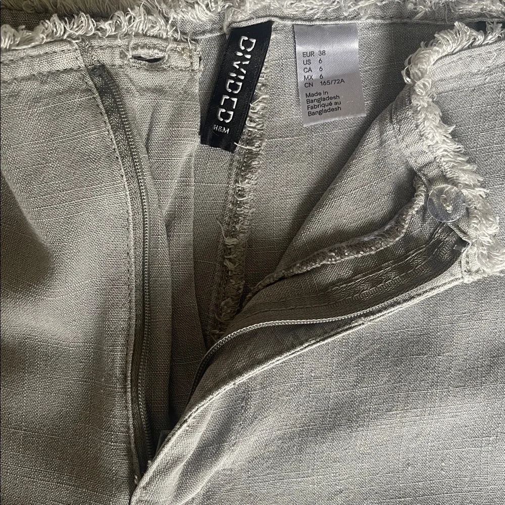 H&M Divided Light Gray Linen Blend Frayed-Hem Wide Leg Pants Back Pockets Size 6